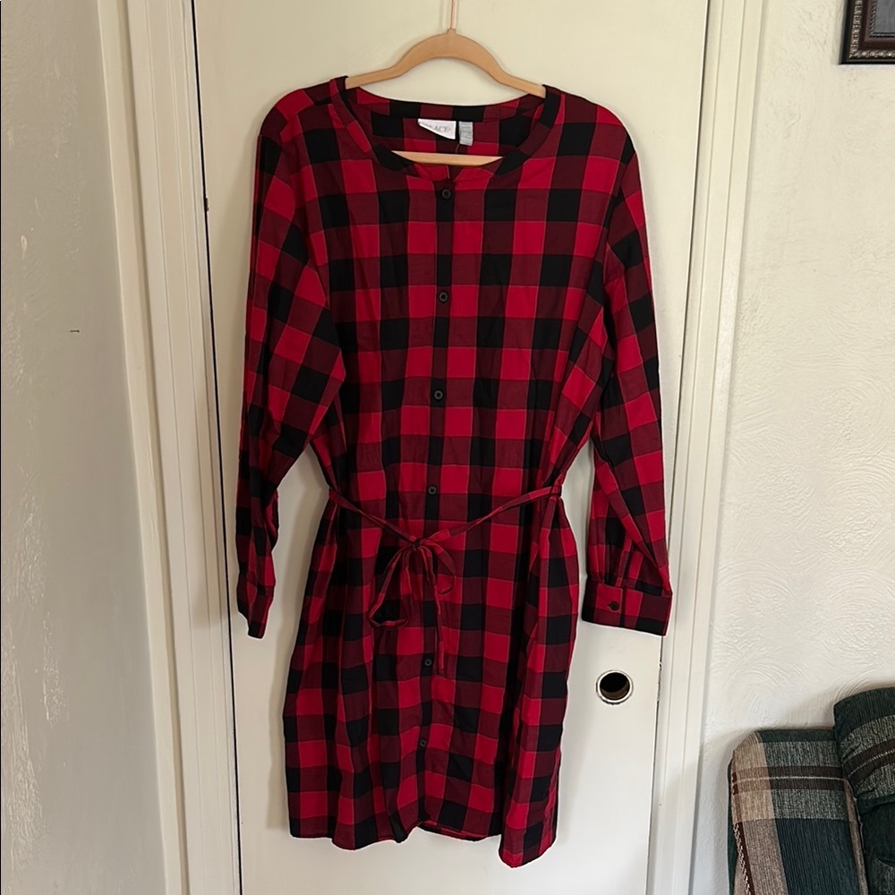 Place Red and Black Cuffed Long Sleeve Shirt Dress